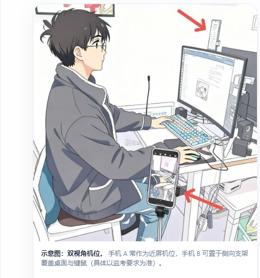 双机位摆放示意插画：显示器旁近屏手机与侧向支架手机，红色箭头标注机位